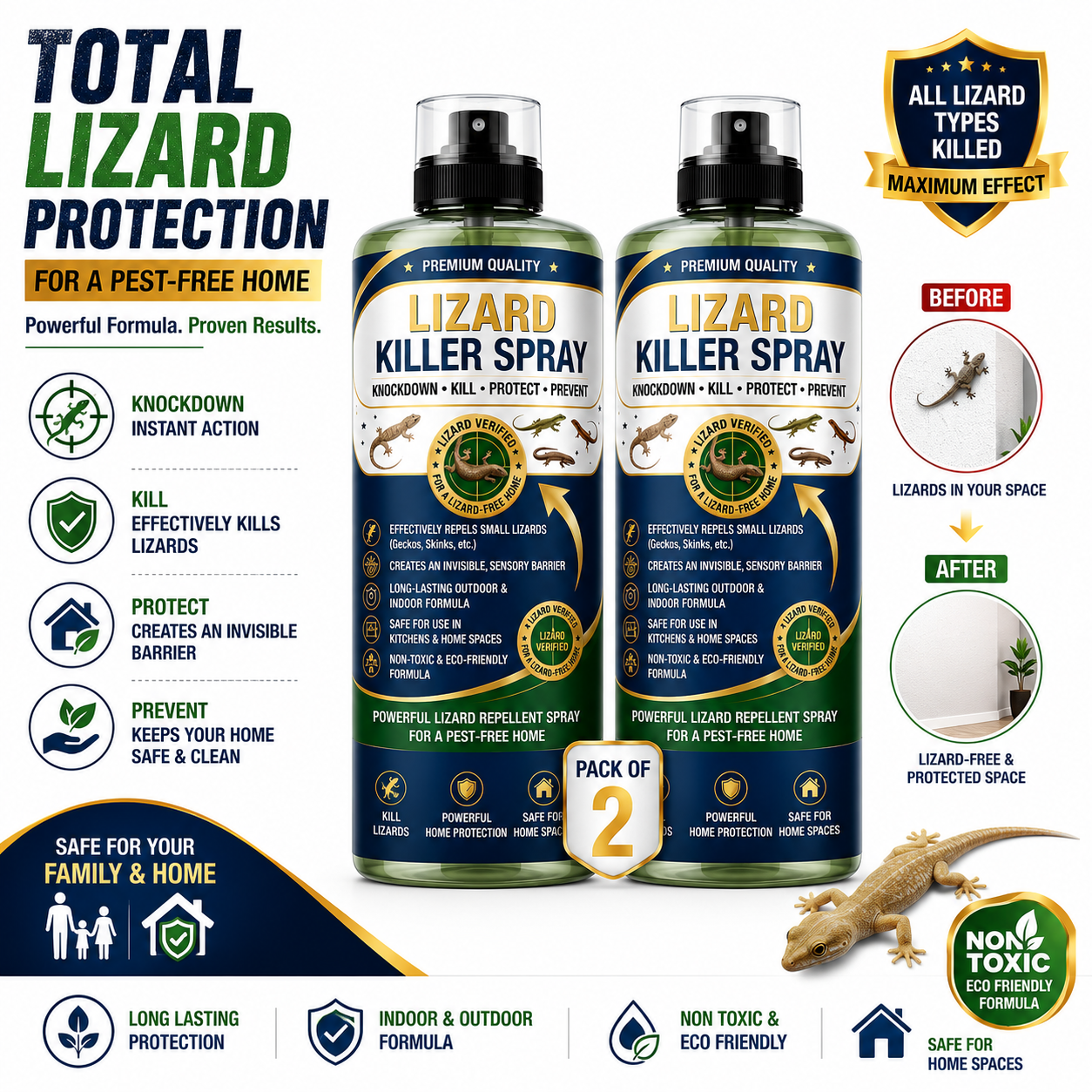 Premium Lizard Killer Spray | Fast Acting Lizard Repellent Spray for Home & Kitchen | Indoor & Outdoor Protection