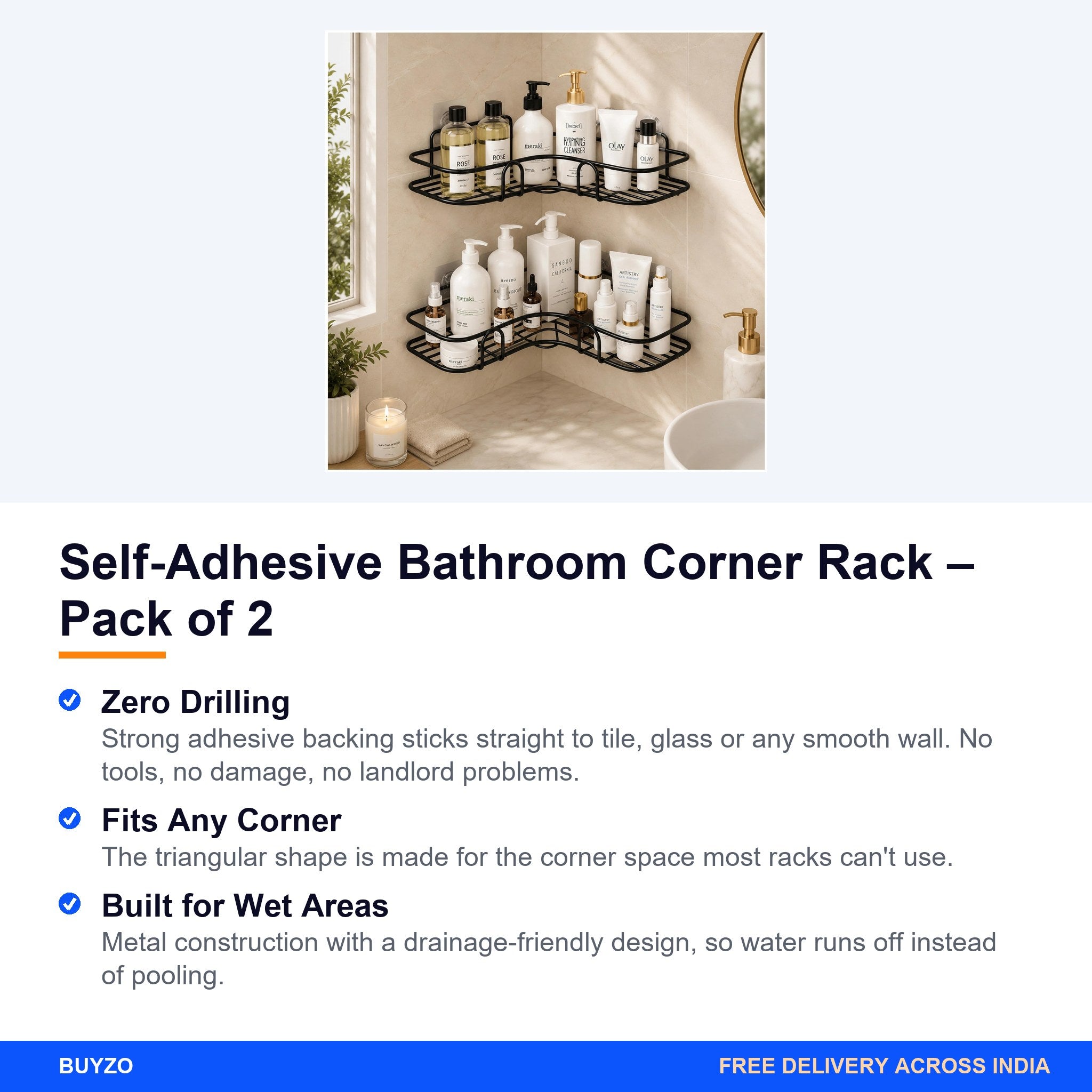Self-Adhesive Bathroom Corner Rack – Pack of 2 – Buyzo