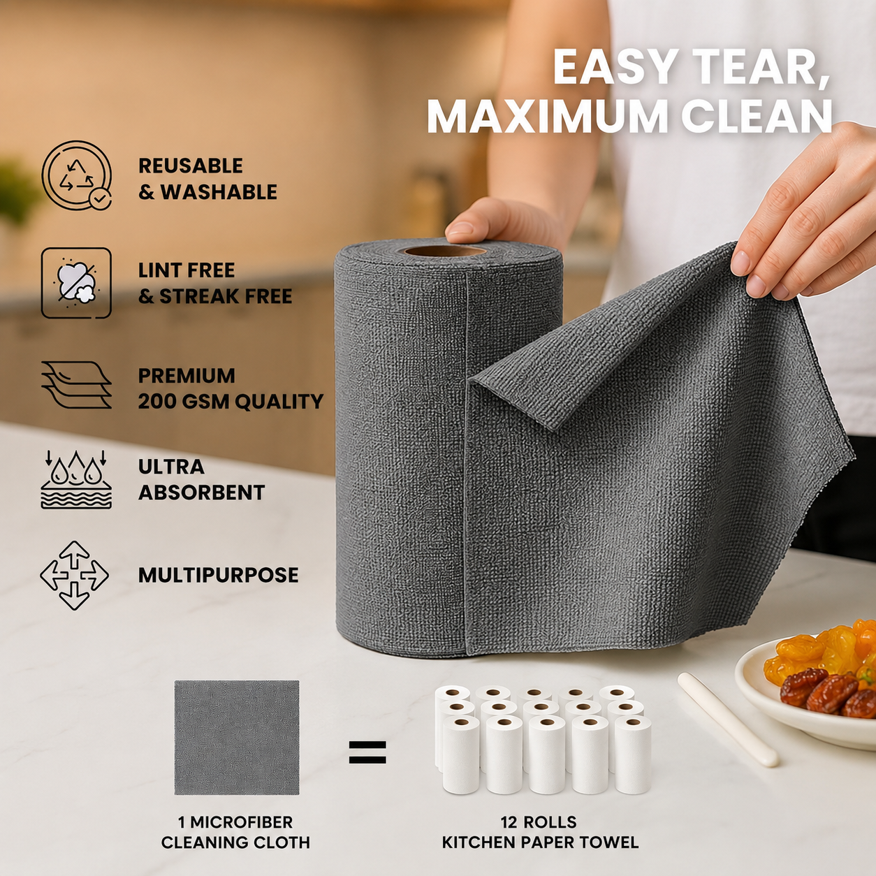 Microfiber Cleaning Cloth Roll | Kitchen Towel Roll | Cleaning Towels - Reusable and Washable Cloths for Kitchen, Washable and Reusable (20- Pack)