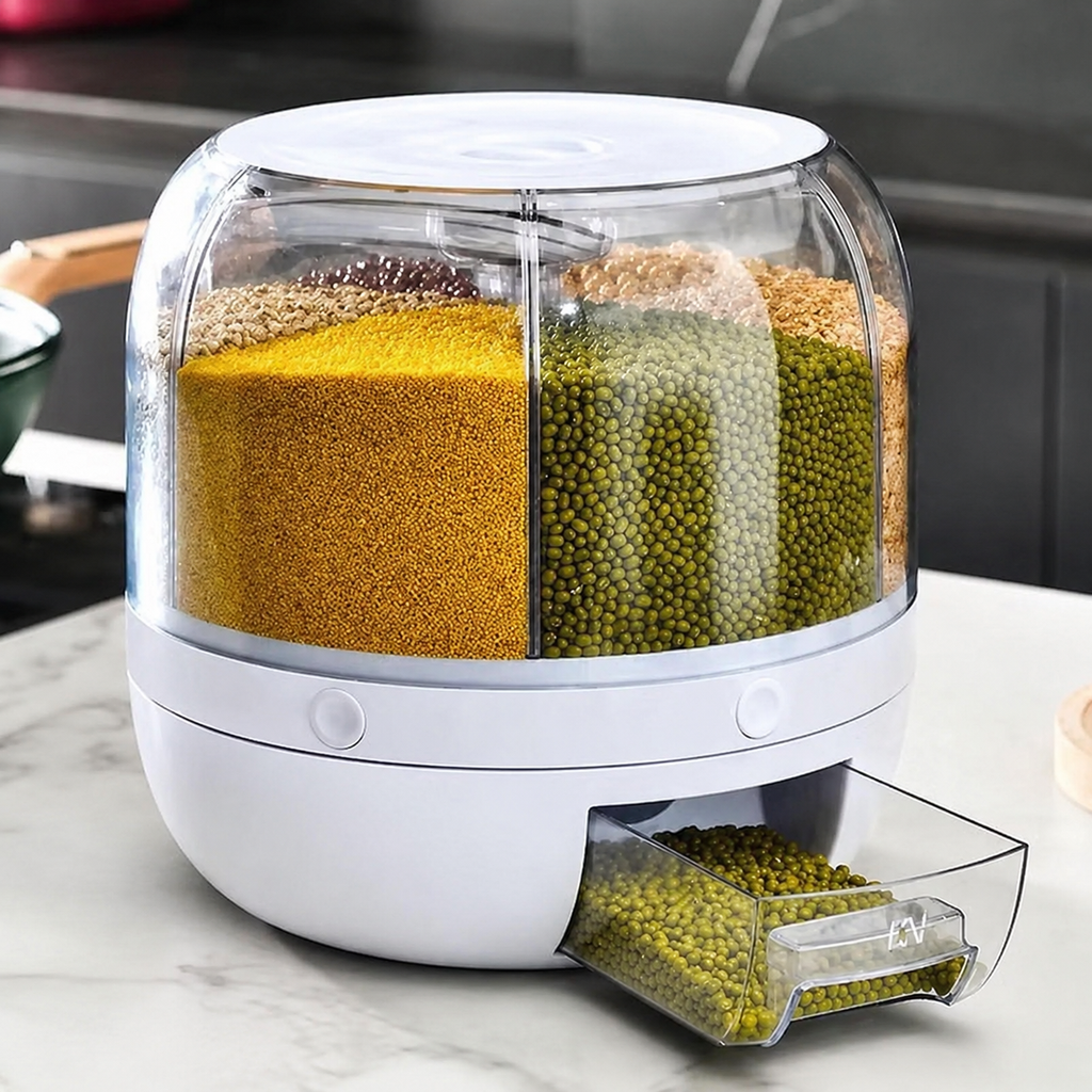 6-Grid Rotating Grain Dispenser - Grocery storage container for pulses, cereal, grains & rice with Measuring Cup (White)