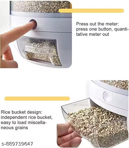 6-Grid Rotating Grain Dispenser - Grocery storage container for pulses, cereal, grains & rice with Measuring Cup (White)
