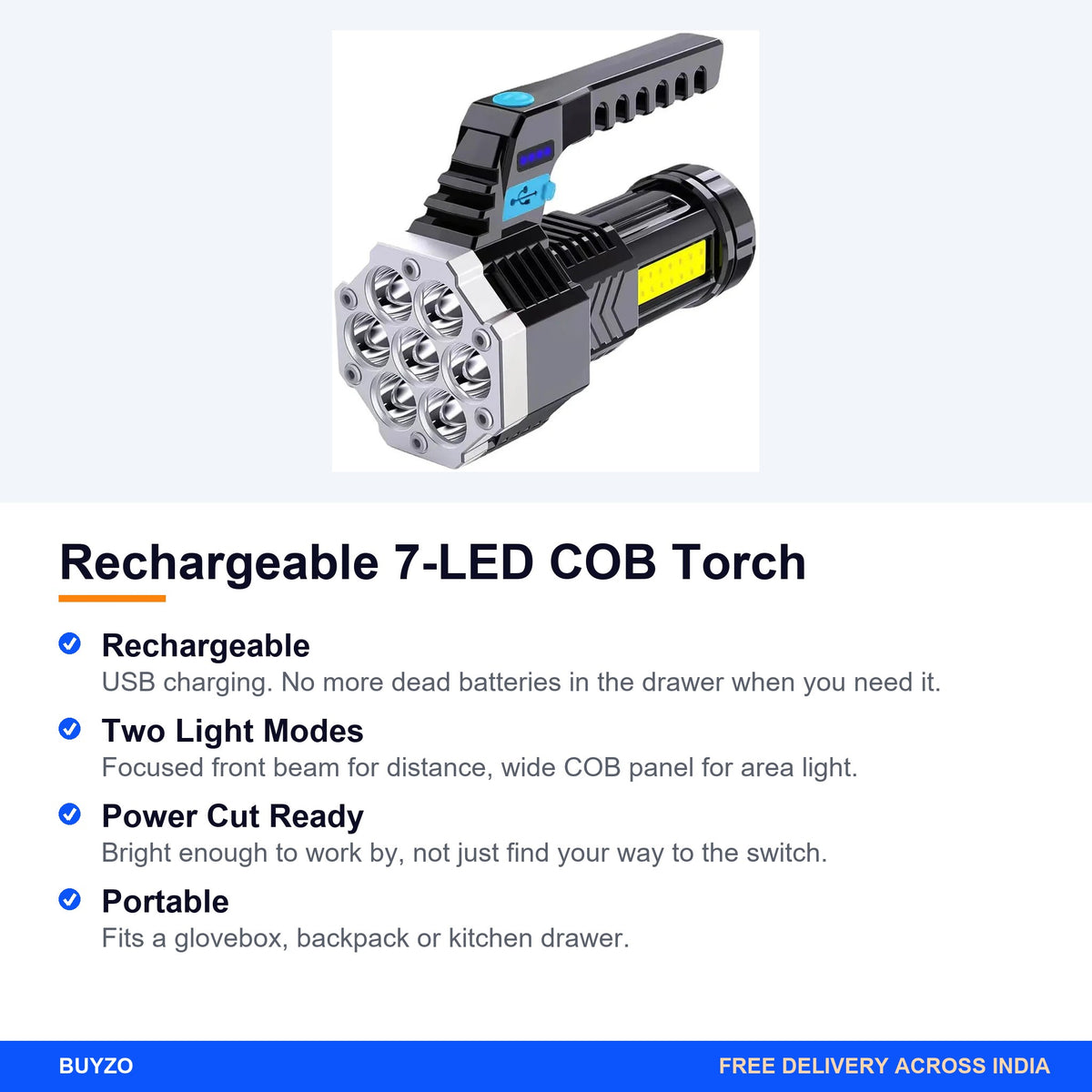 Rechargeable 7-LED COB Torch – Buyzo